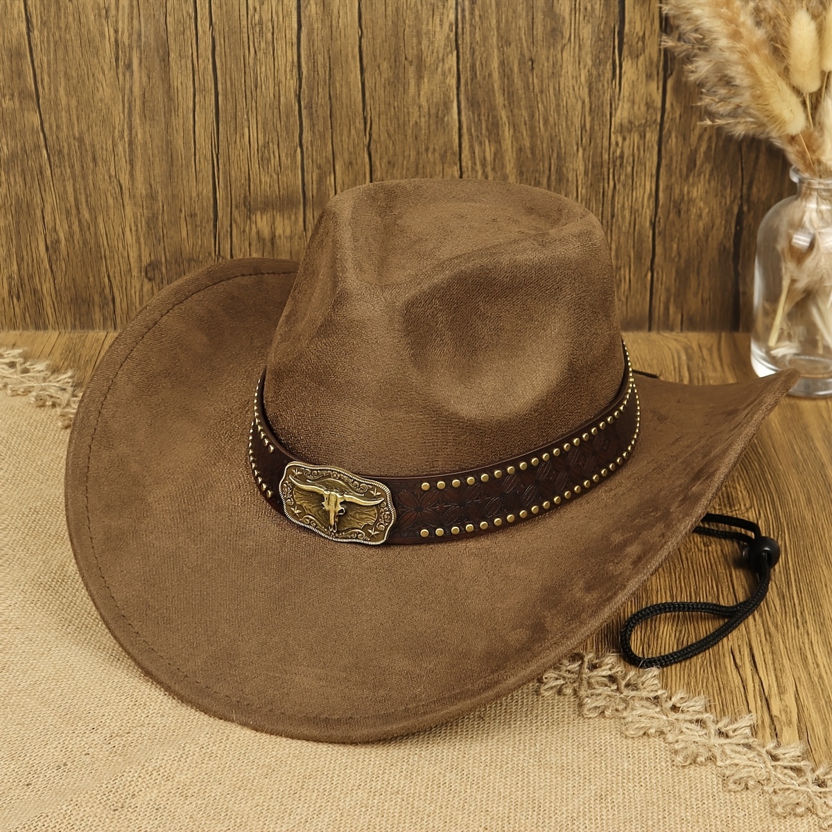 TEMU 1pc Retro Western Cowboy Hat Men Women Easy Suede Wide Brim Cowboy Hat, Adjustable Drawstring, Vintage Exquisite Carved Rivet Inlaid Belt