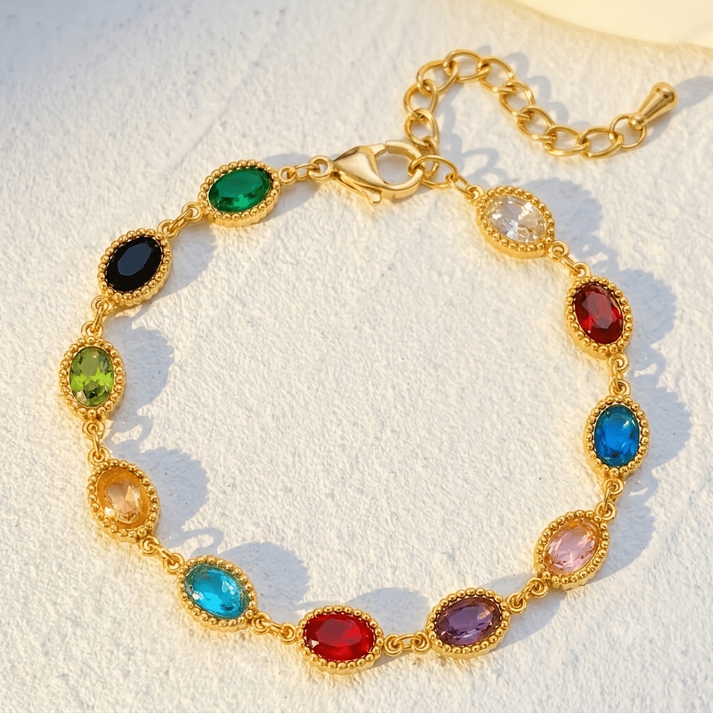 TEMU 1pc Vintage Multicolor Oval Stainless Steel Zirconia Fine Golden Bracelet Women's Waterproof Non-fading Adjustable Extension Chain Light Luxury