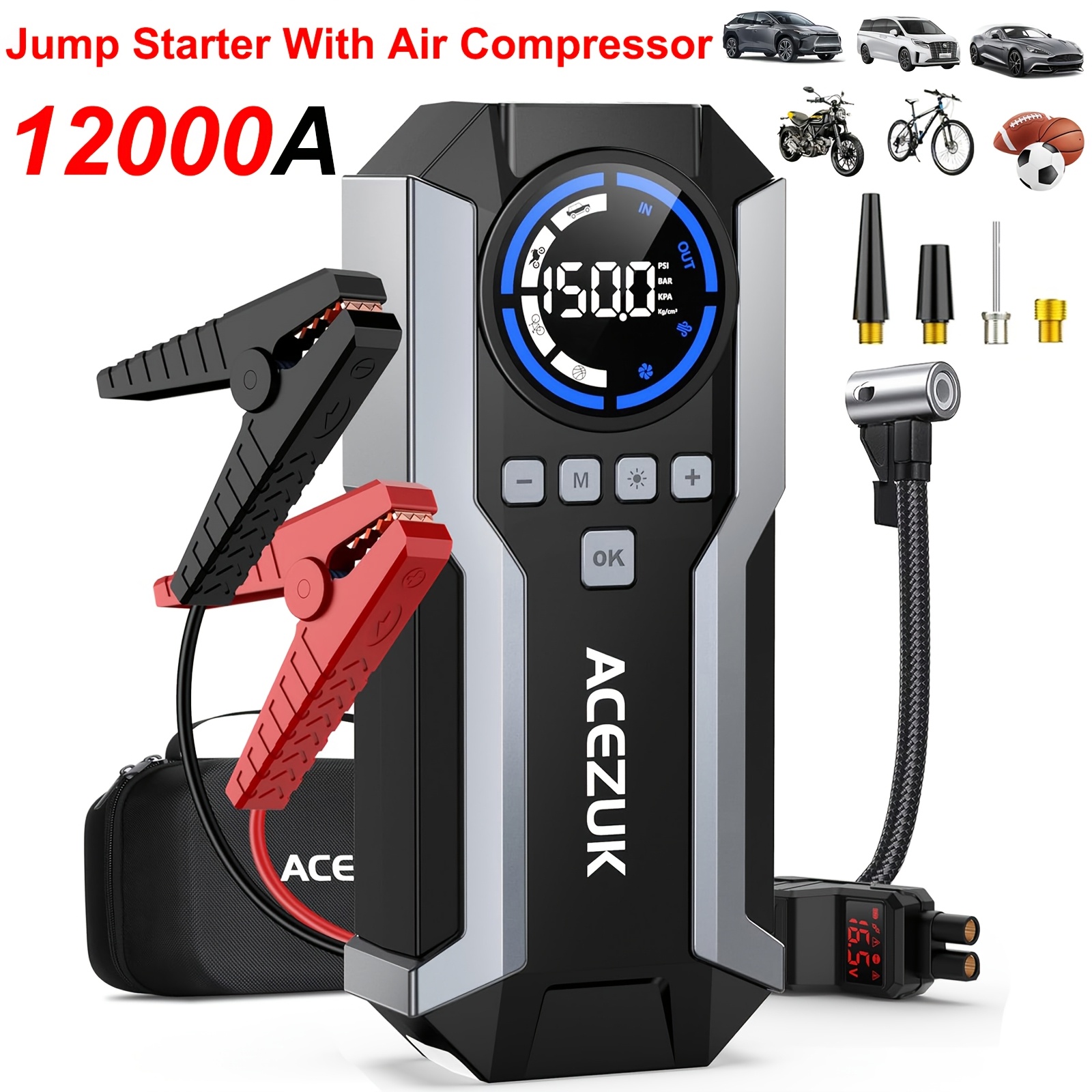 TEMU 12000a Car Jump Starter With 150psi Air Compressor Tire Inflator, 12v Portable Jump Gas & 10.0l Engines, Lcd Digital Display, Smart Jumper