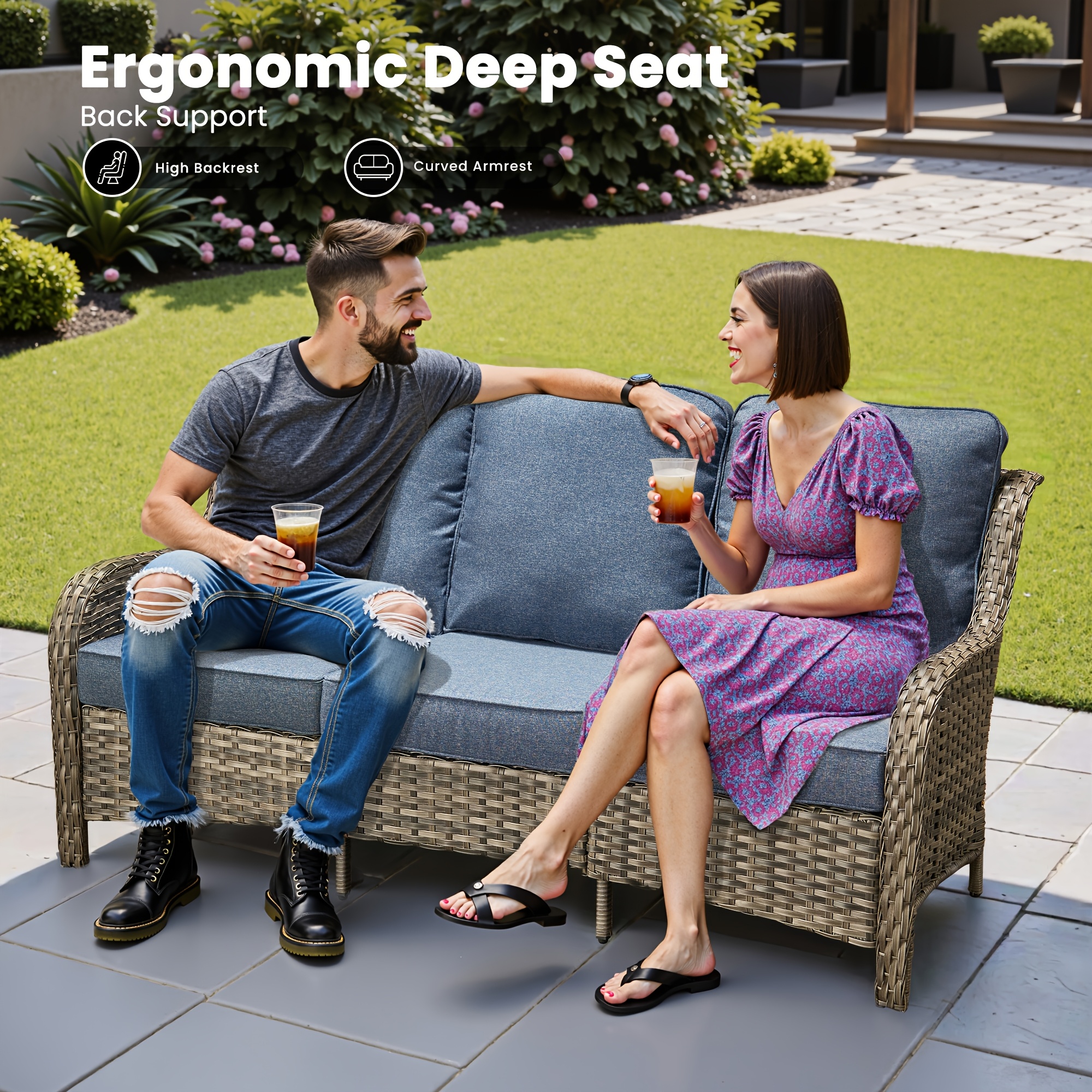 6pcs Outdoor Patio Furniture Set with Swivel Rocking Chairs, High Back Outdoor Sectional Sofa Sets with Side Table - Handwoven Rattan Outside Seating Sofa, Weather-Resistant Couch for Garden/Deck/Backyard/Decor