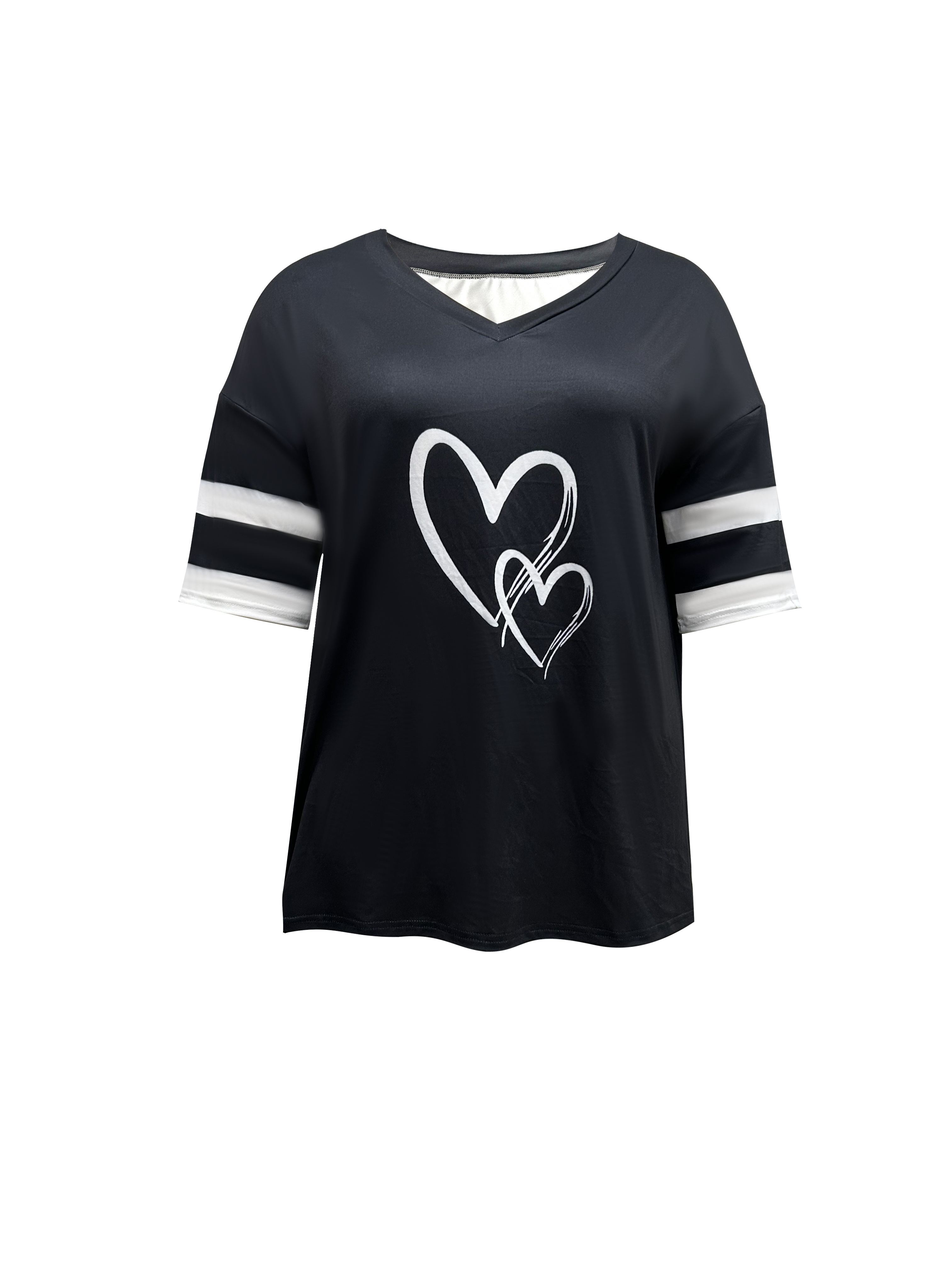 Women's Casual V-Neck Short Sleeve T-Shirt - Royal Blue with White Heart Print, Breathable Fabric, Machine Washable for Spring Summer Fall, Seasonal Fashion, Striped Detailing, Relaxed Fit Shirt