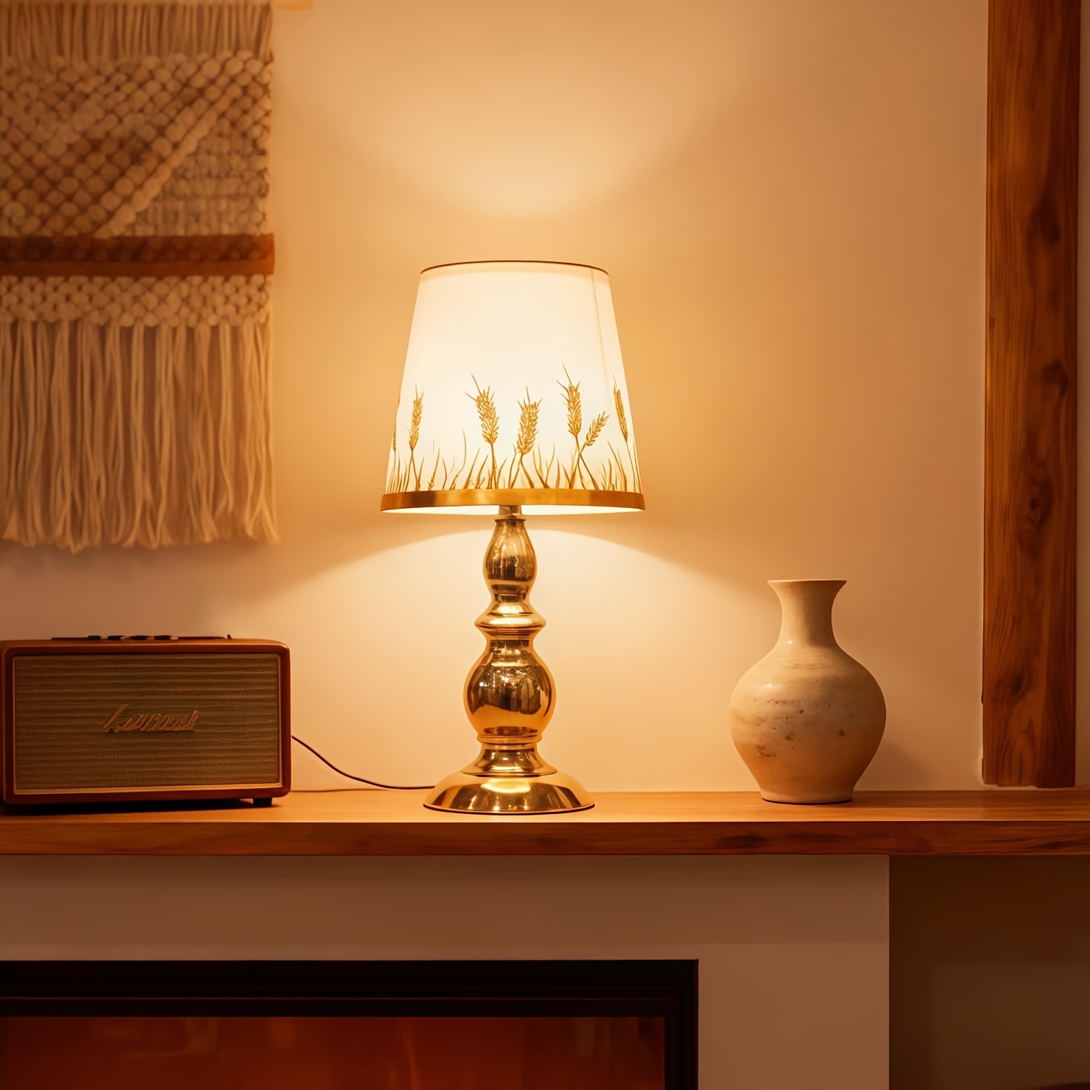 Dimmable USB Lamp with Metal Base and Cloth Wheat Shade