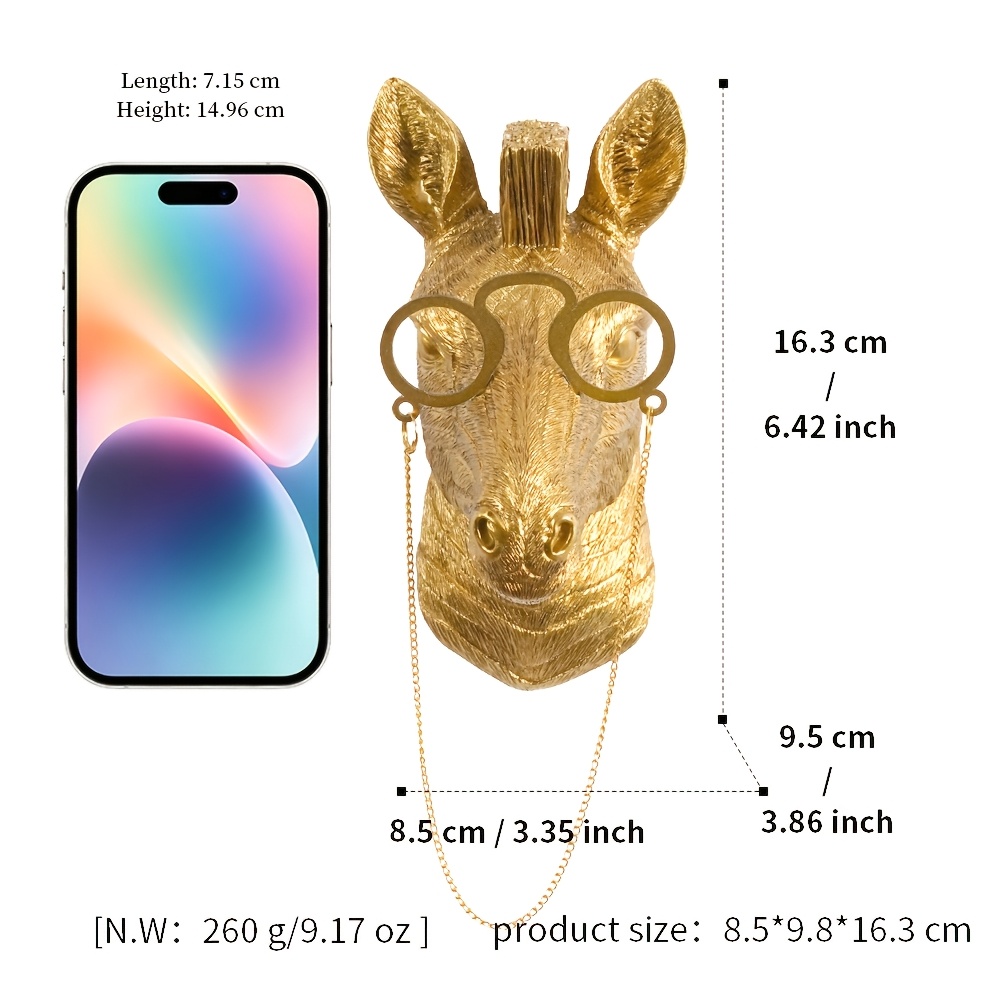 TEMU Modern Golden Resin Zebra Head Wall Sculpture With Glasses - Vertical Wall-mounted Zebra Bust, Luxury Animal Decor Suitable For Living Room,