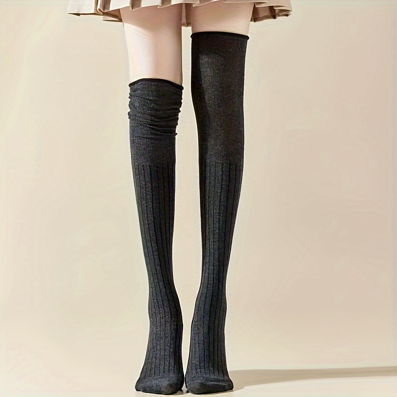 Women'S Over-the-Knee Socks, Ruffle Detail, Striped Knit Polyester, 90g/m?, Hand Wash, Slimming Fit, Versatile for Spring, Autumn, and Winter