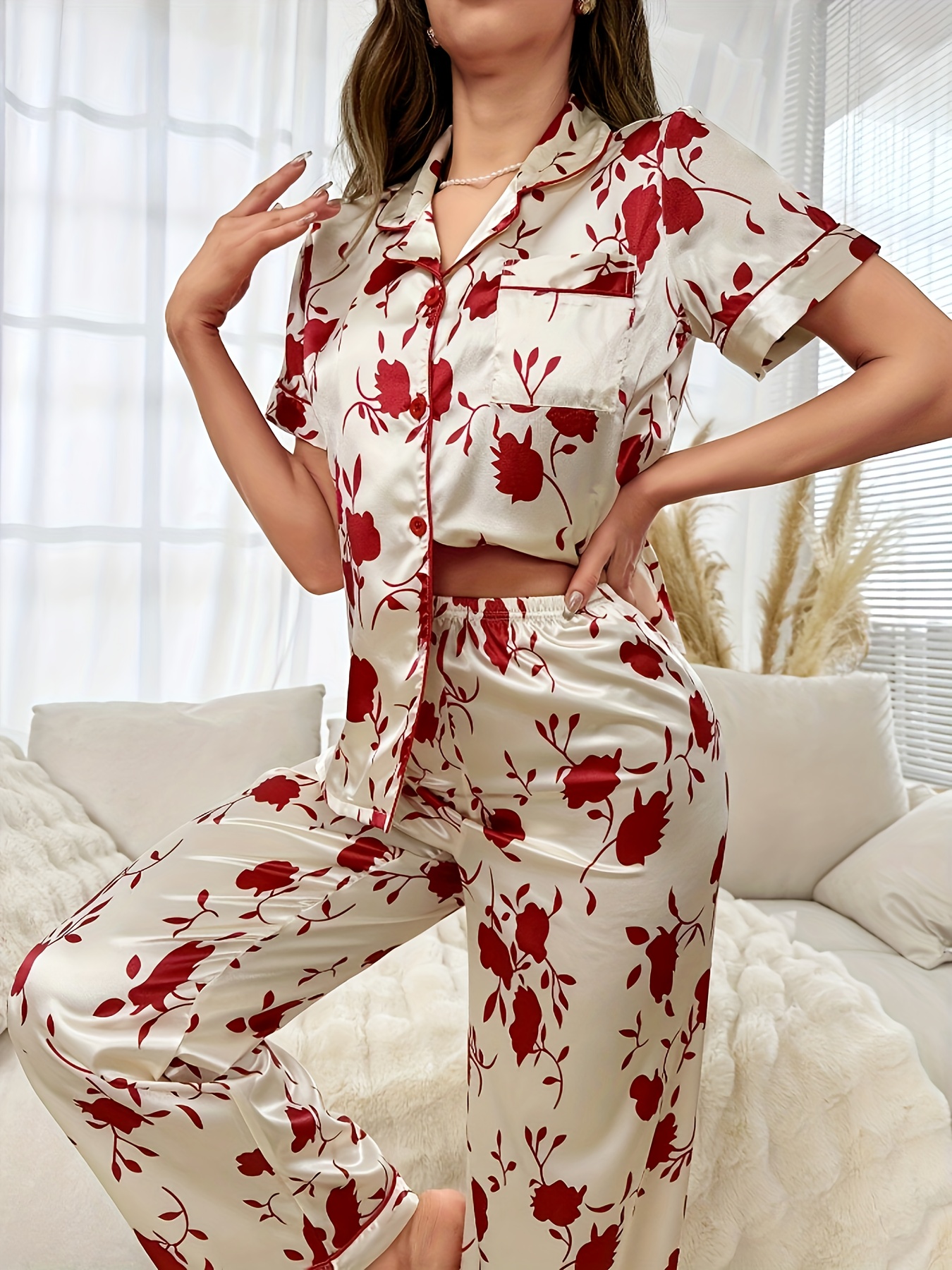 Women's Floral Print Satin Elegant Pajama Set, Short Sleeve Buttons Lapel  Top Pants, Comfortable Relaxed Fit