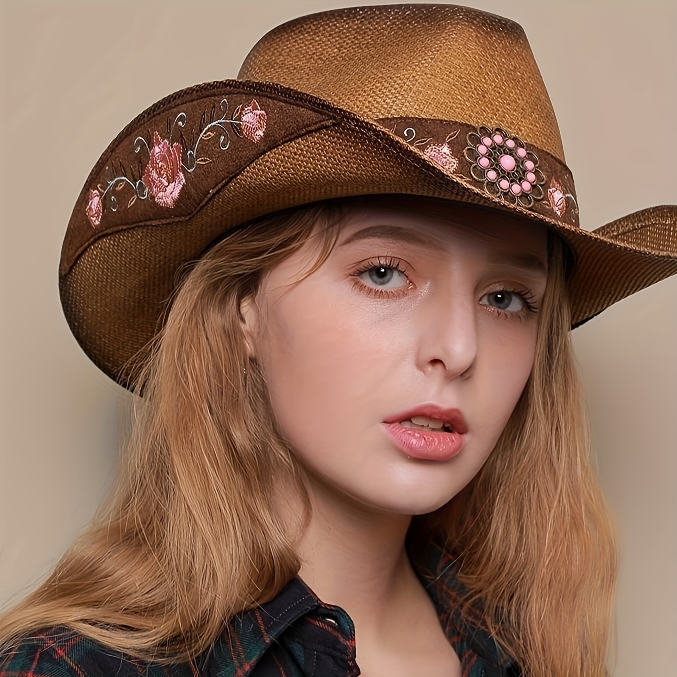 

Handmade Straw Cowboy Hat For Women, Western Summer Outing Panama Hat, Elegant Personalized Fedora With Floral Embellishments