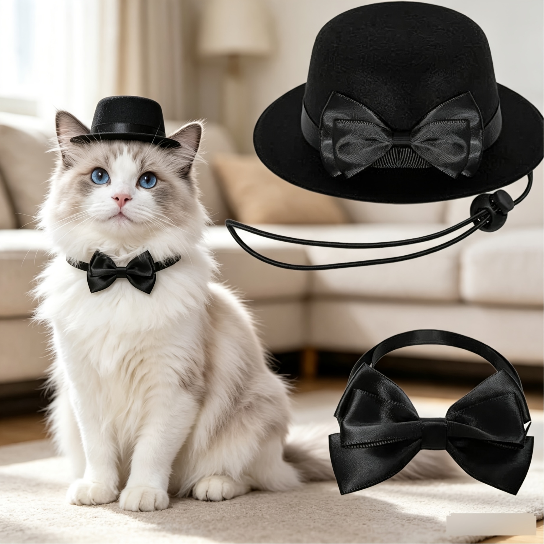 TEMU Ensemble 2 pièces chapeau et nœud papillon pour animal de compagnie, accessoires de costume réglables pour chats et chiens, tenue de gentleman
