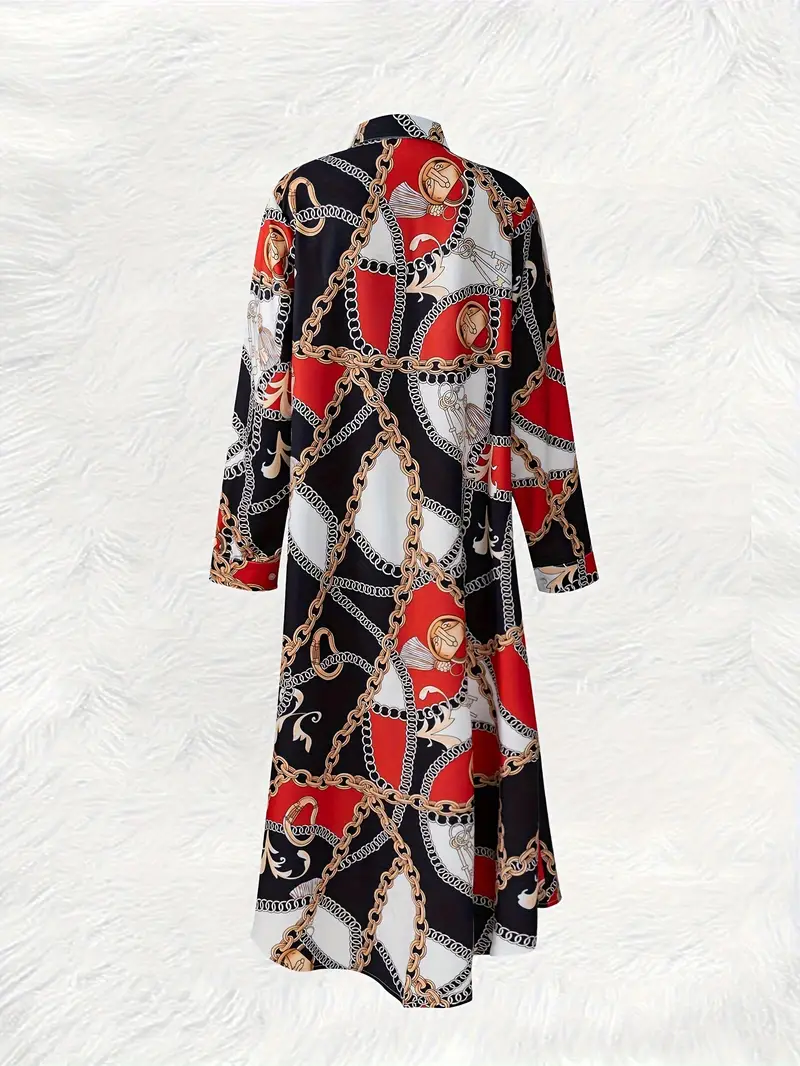 chain print button up shirt dress vacation long sleeve collared loose maxi dress womens clothing details 0