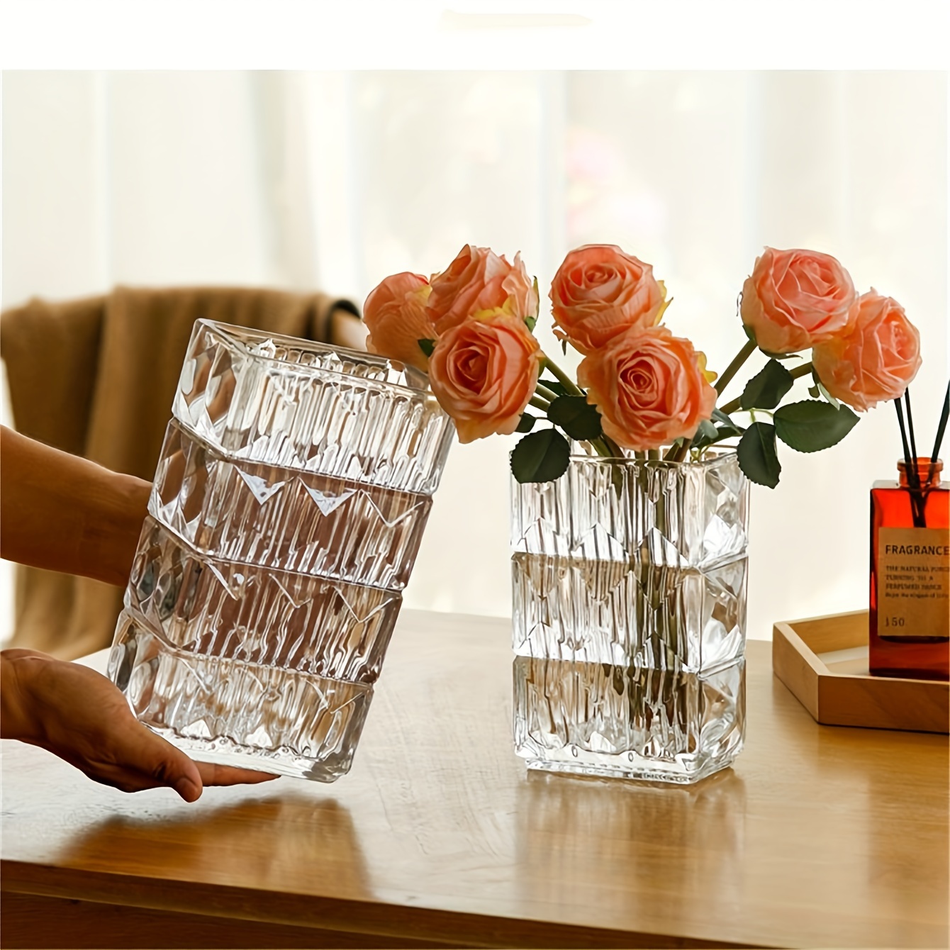 1pc クリエイティブストライプ透明ガラス花瓶 シンプルモダンなドライ