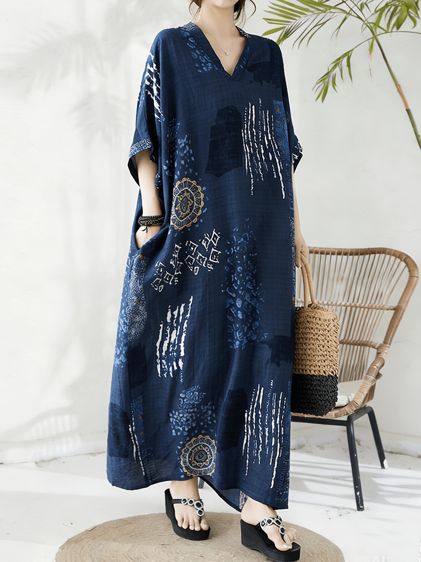 loose fitting bohemian printed beach cover up dress for summer featuring batwing sleeves a straight silhouette and pockets