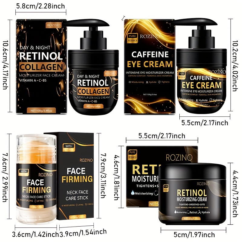 ROZINO 4pcs Retinol Skincare Set Firming, All Skin Types, Moisturizing & Firming, Caffeine Eye Cream, Face Cream, Moisturizing Cream, Facial And Neck Care Stick, Nighttime, Wrinkle Skincare Set, Skin Soft, Delicate And Smooth - Image 3