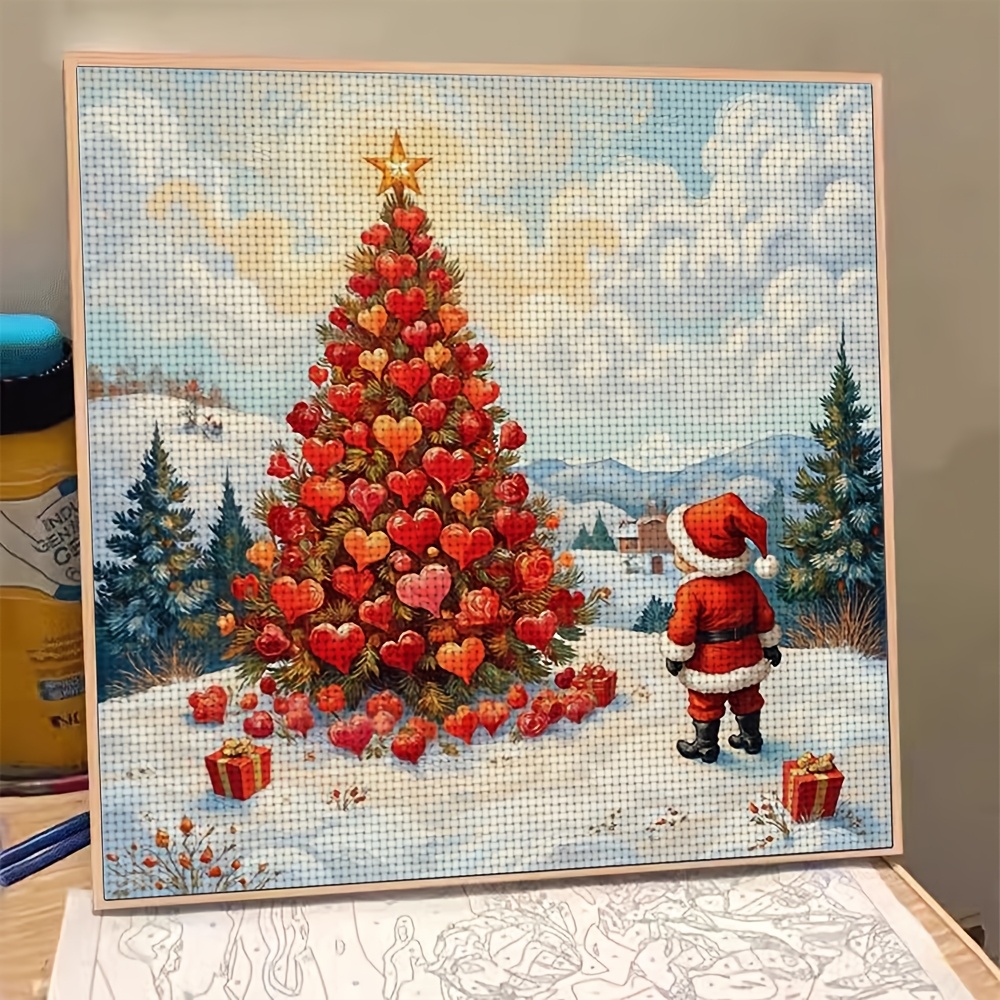 DIY Printed Cross-Stitch Kit, Santa Claus and Heart-Shaped Christmas Tree Pattern
