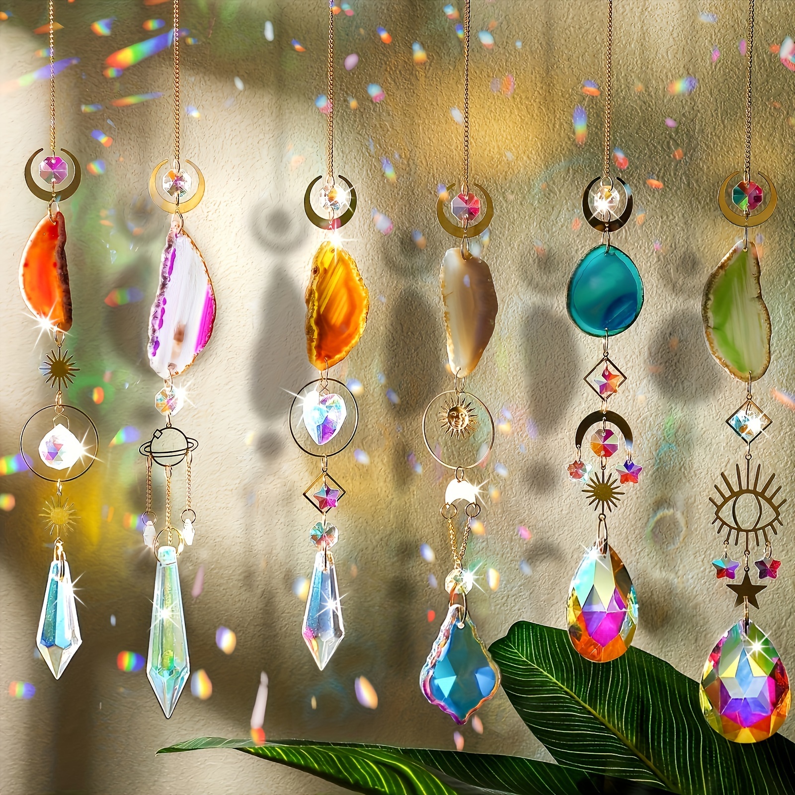 6 Pcs Exquisite Crystal Suncatcher - Indoor Window Hanging Decor with Prisms,Agate Slices,and Colorful Refractions for Home,Garden,and Wedding Decor_voghion.com