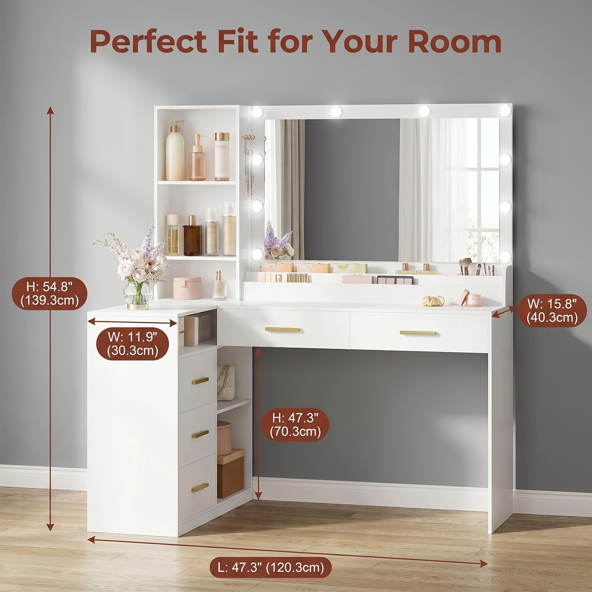TEMU White Dressing Table With 5 Drawers And Multiple Open Storage Compartments, 120.3 X 80.3 X 139.3 Cm, High-definition Large Mirror, Tri-color Led