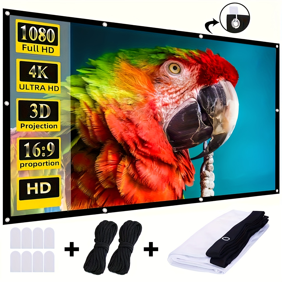 E-shop 150-Zoll 4K Ultra-HD 3D Tragbare Projektionsleinwand, 16:9 Seitenverhältnis, Polyesterfaser, Knitterfrei Waschbar, Inklusive Montagezubehör