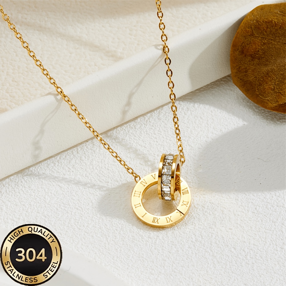 E-shop Damen Halskette mit römischen Ziffern, verflochtenem Anhänger, 18K vergoldeneter 304 Edelstahl mit eingelegten Zirkonia, doppelte