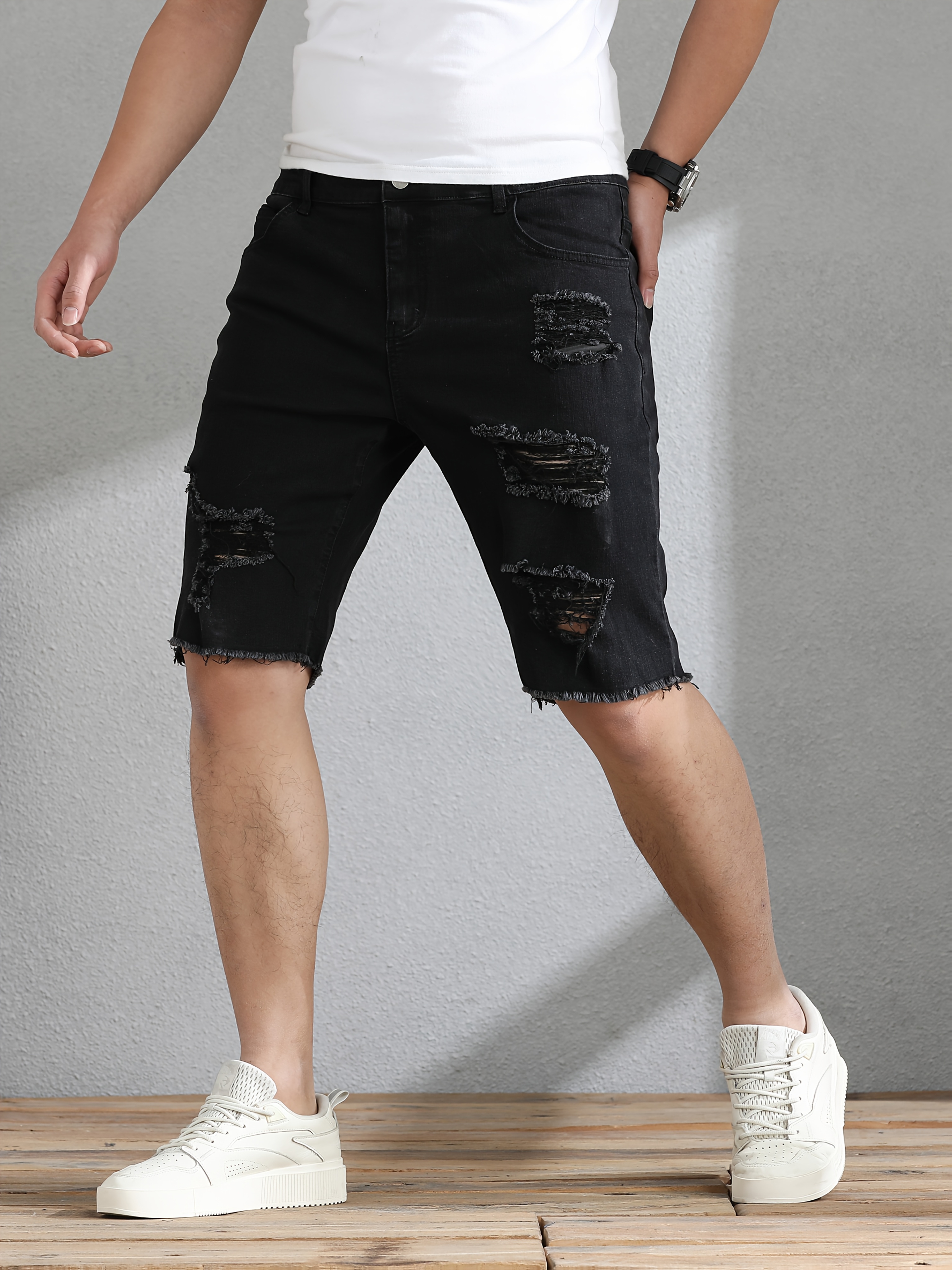 men's plus size high stretch denim shorts fit ripped Temu