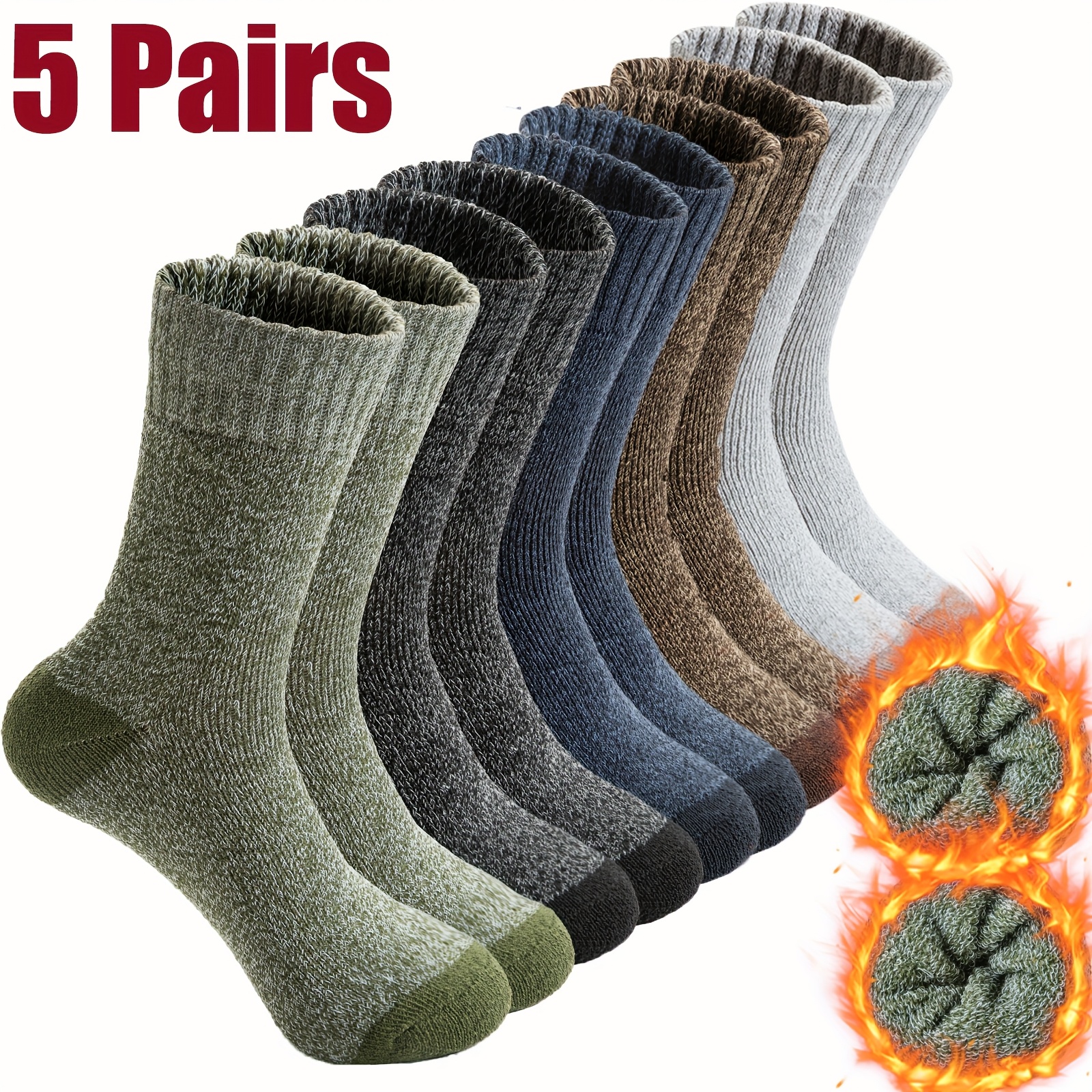 

5pcs Men's Warm Towel Bottom Athletic Crew Socks - Cozy Knit For Cold Weather, Outdoor Activities, Fits Us Sizes 4.5-9, Uk Sizes 3.5-8, Eu Sizes 36-43