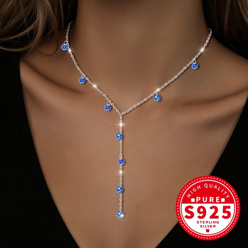 Women's 925 Silver Y-Chain Necklace with Blue Zirconia Tassel