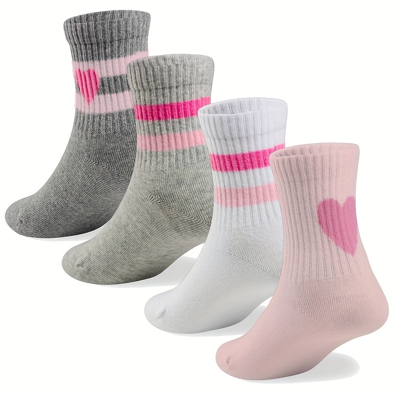 4-pair Pink Heart And Stripe Pattern Mid-calf Socks, Suitable For Girls , For Back-to-school Wear