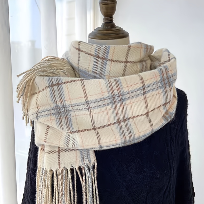 2025 Autumn And Winter Thick Striped Scarf with an Elegant Tassel Design, Available in Beige And Blue, Windproof And Warm, a Fashionable Item for Women