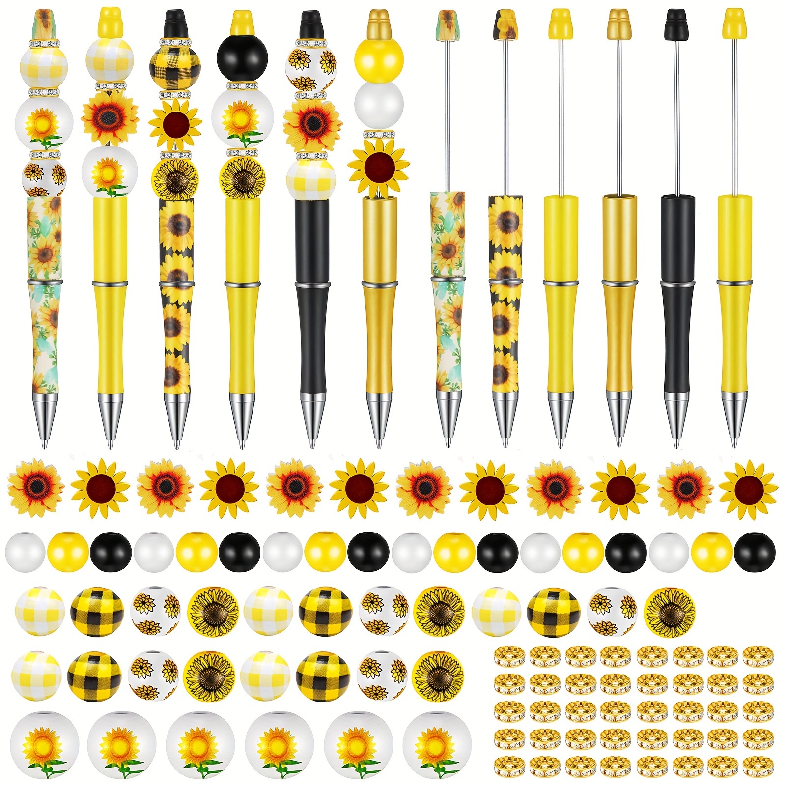 

12pcs Aipusi Sunflower Beadable Ballpoint Pens, Medium Pens With Twist Closure, , With Wood And Beads, For Diy Craft, Office And School Supplies, Suitable For 14+