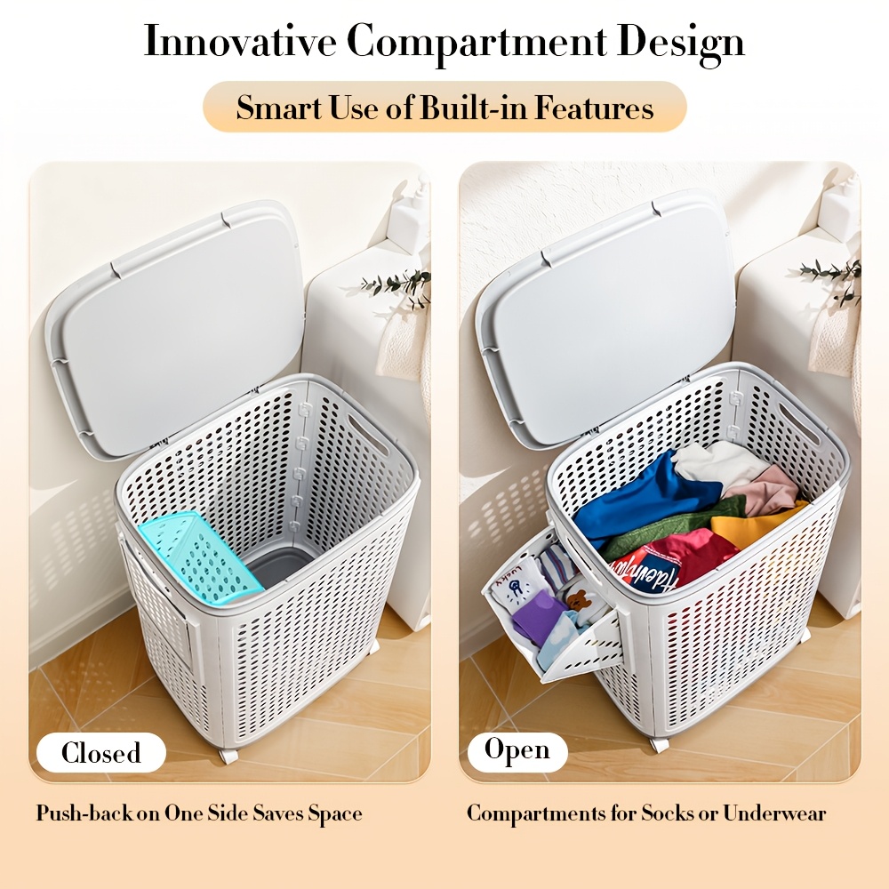 TEMU Joybos Foldable Laundry Basket With Pulleys, Durable Rolling Laundry Basket, White & Gray Ventilated Storage Bin, 4 Smooth-rolling Casters For