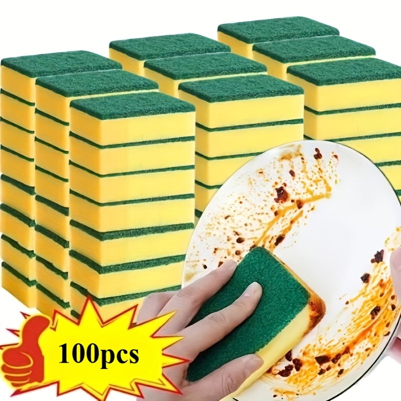 TEMU 100 éponges vert jaune, éponges de cuisine, éponges à vaisselle, éponges de nettoyage multifonctionnelles, tampons à récurer individuels pour le