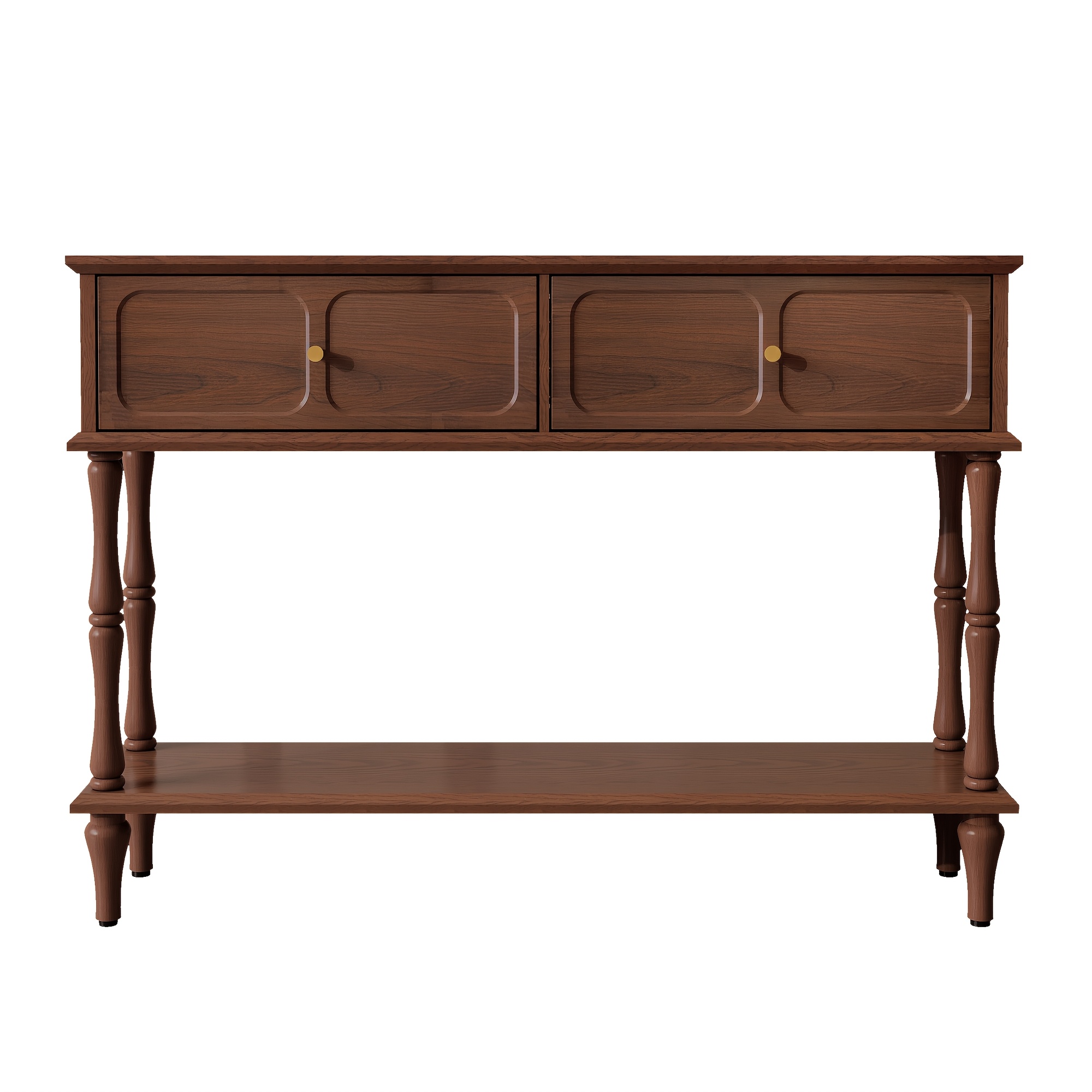 Image of Mid-century Modern Narrow Console Table Suitable For Entryway & Behind Sofa - Wood With Frame, Storage Cabinet & Open Shelf, 2-drawer Hallway Table For Living Room, Foyer, Hallway