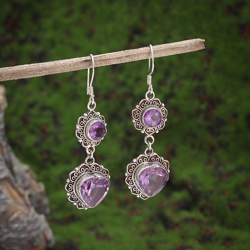 1 Pair Of Exquisite And Fashionable Women's Purple For Lotus Heart Synthetic Zirconia Pendant Earrings, Elegant And Romantic Birthday Party Jewelry Gift