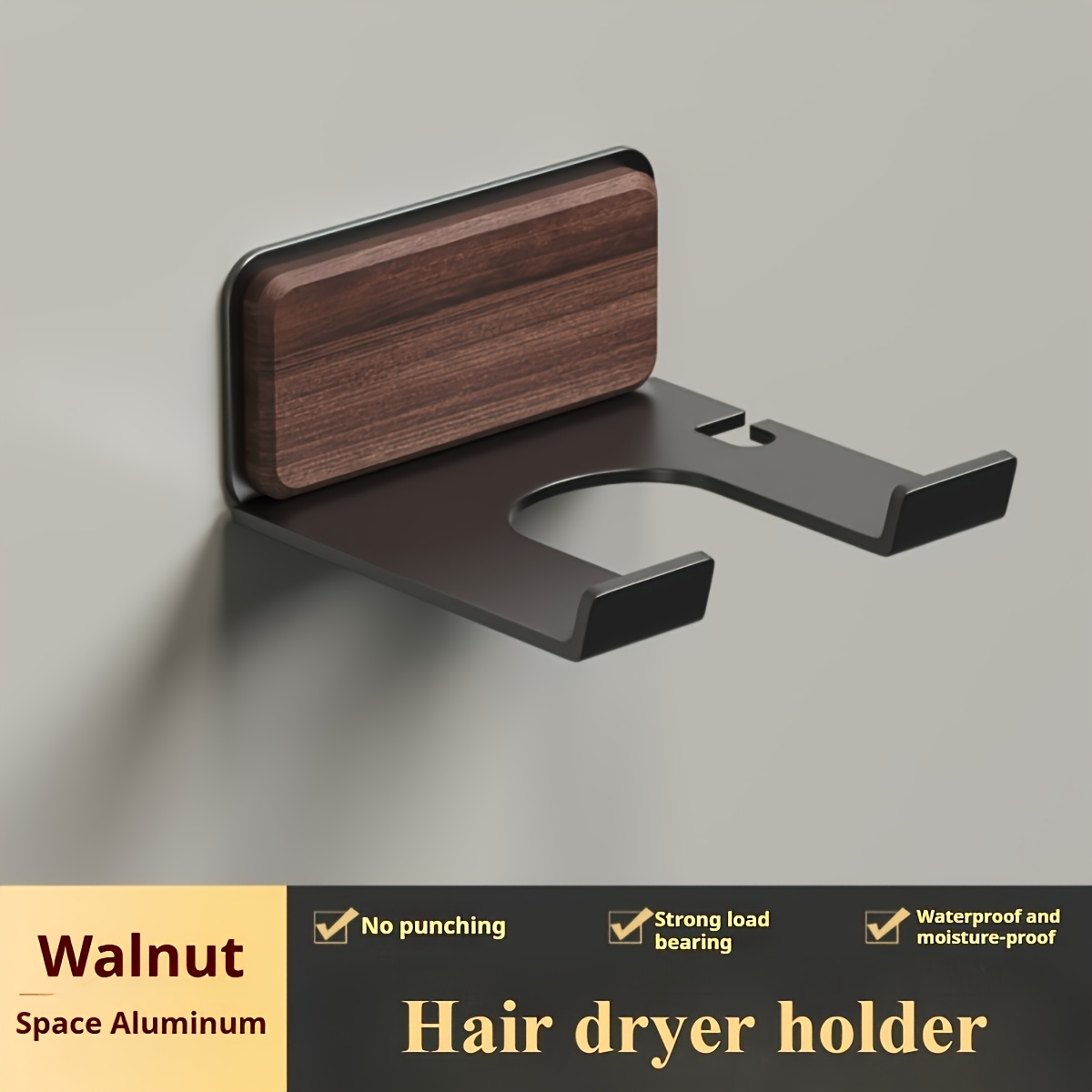 Image of Luxury Walnut Wood& Aluminum Wall-mounted Hair Dryer Holder - No-drill Bathroom Storage Rack With Sleek , Organizer For Blow Dryers And Accessories, Minimalist Style, Bathroom Organizers And