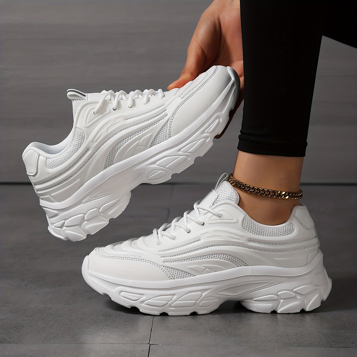 TEMU Women's Casual Sneakers, Elegant And Fashionable, Large Size Solid Color, Comfortable And Breathable, Easy To Put On And , Flat Sole Lace-,