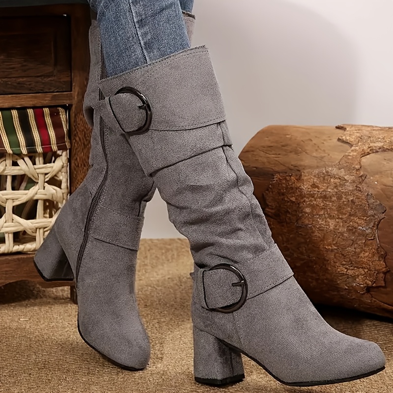 

1pr Women's Mid-calf Boots With Zipper Closure, Fashionable Platform Heel, Plain Toe, Fabric Upper/inner/insole, - Knee-high Booties, High Heel Boots