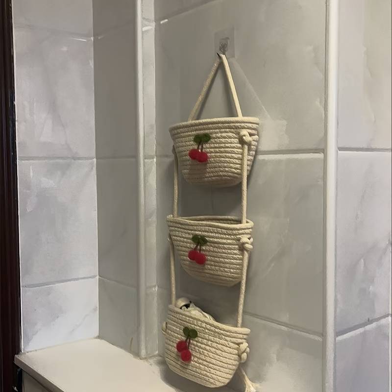 Panier Mural En Rotin Suspendu - Rangement Décoratif Beige 34x15x26cm Pour Salle De Bain, Cuisine, Chambre