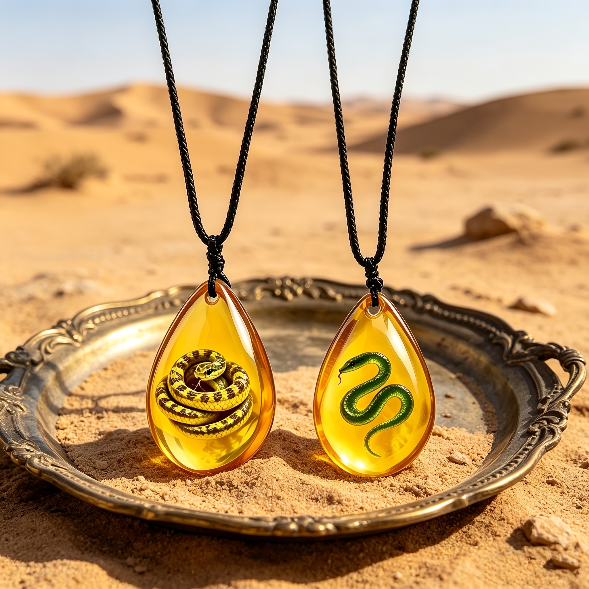 2pcs Faux Amber Men's Necklace with Python & Snake Pattern