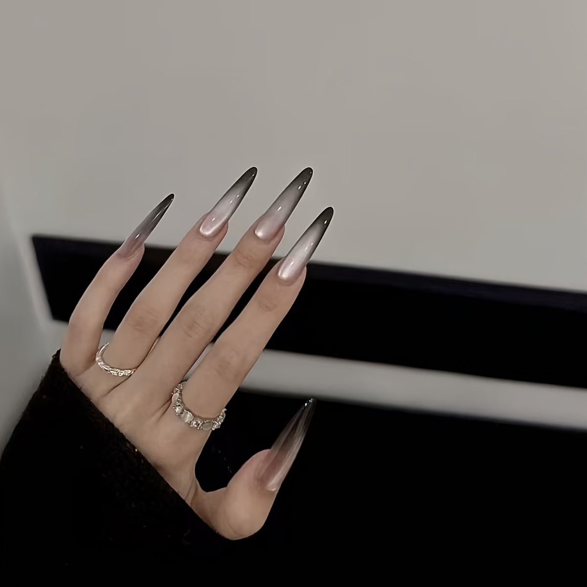 TEMU Press-on Almond Medium Length Fake Nails, Black Gradient Cat Eye False Nails With Tool Kit, 24pcs
