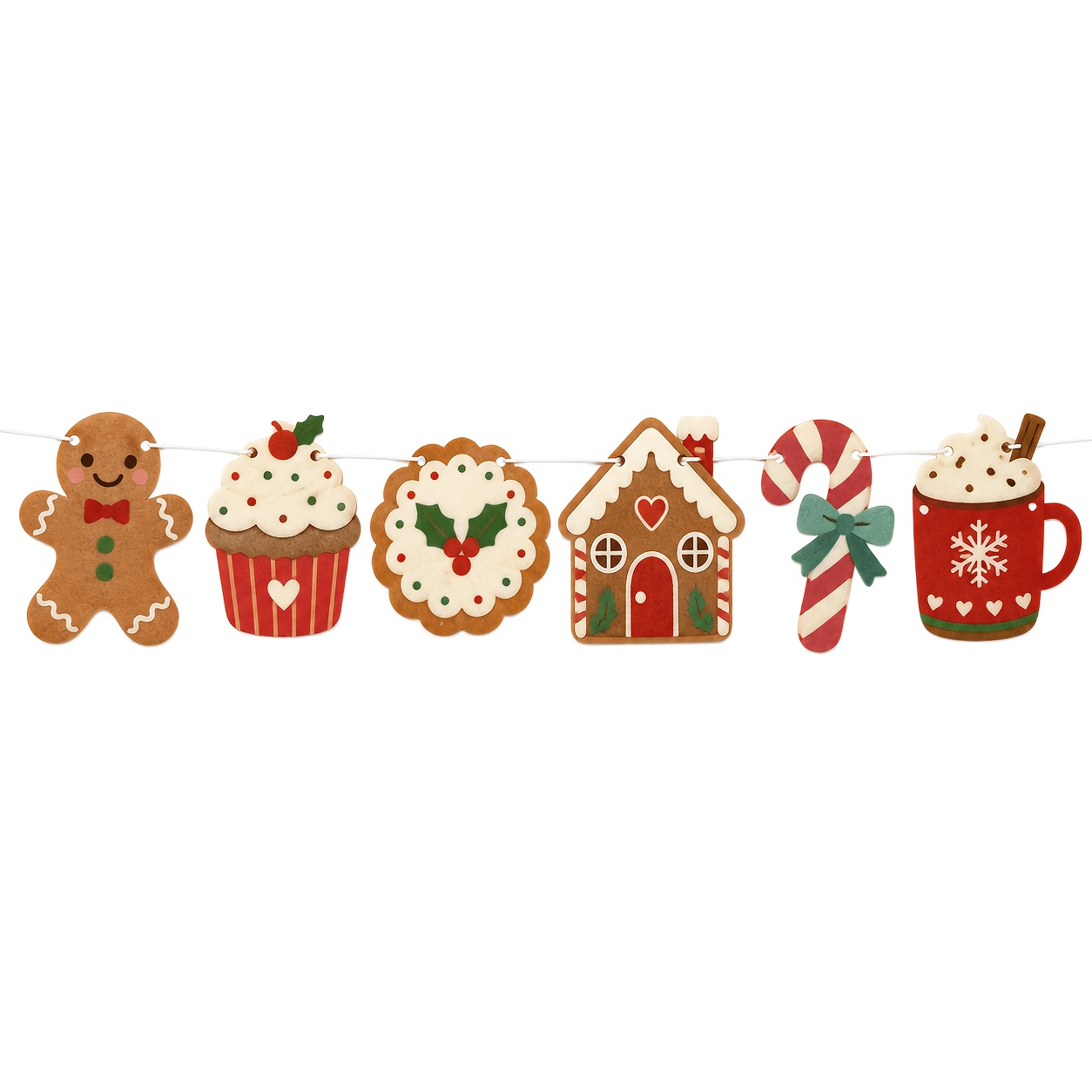 TEMU 6pcs Christmas Felt Banner Garland For Fireplace Living Room Dining Room Staircase Window With Gingerbread Man Cupcake Wreath Gingerbread House