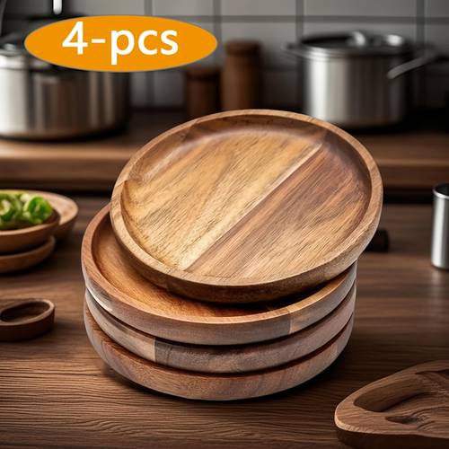 4pcs wooden trays dinner plates acacia round wood plates classic plates that are not easy to break easy to clean and lightweight suitable for dishes snacks desserts celebrations christmas gifts and the most christmas