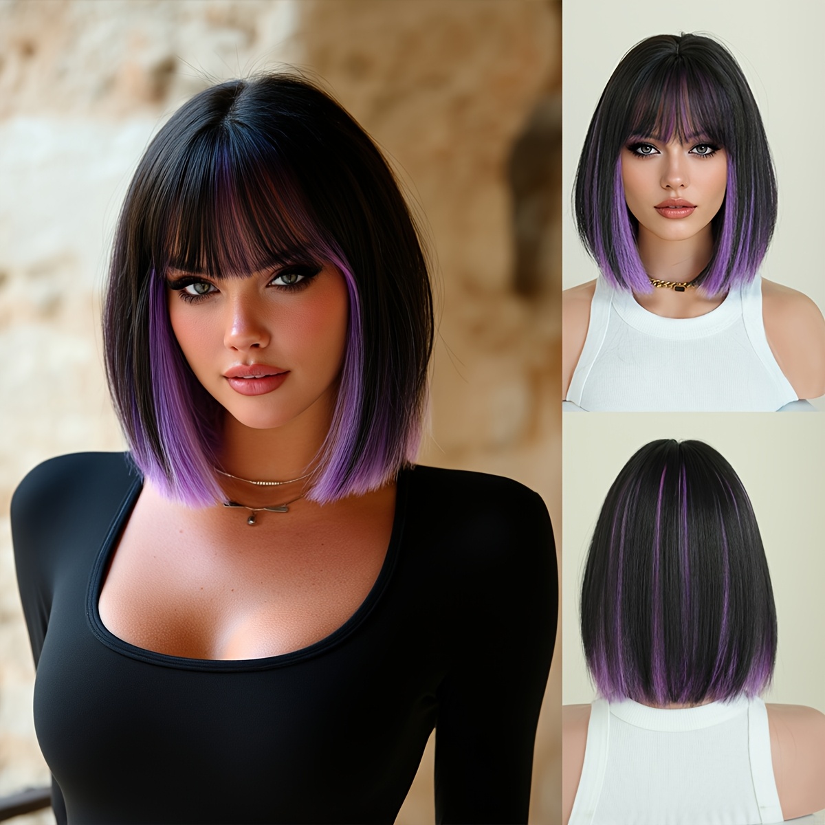 E-shop Kurze, gerade, schwarze Bob-Perrücke mit lila Highlights für Halloween Cosplay, designt für Frauen. Diese bescheidene Mode-Perrücke hat