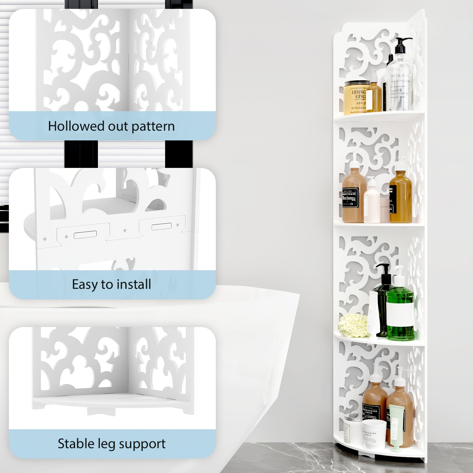 TEMU 4-tier Freestanding Tall Corner Shelf Unit Suitable For Home Office, Bathroom, Kitchen - Modern Curved Corner Shelves With Wood Frame & Pvc,