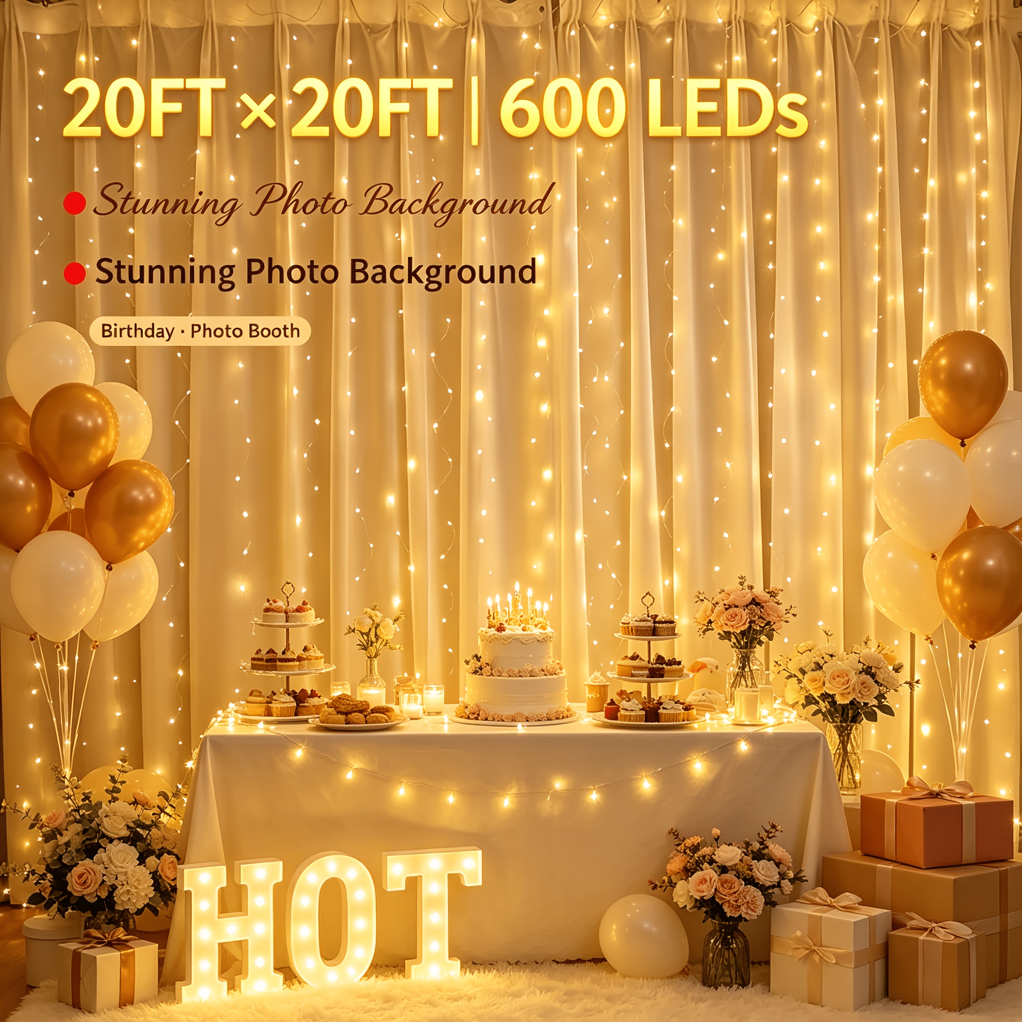 TEMU 600 Light String - Romantic Waterfall Curtain Fairy Light, Warm String Light With Hook, Usb Powered 8 Dimmable Remote Control And Timer, Curtain