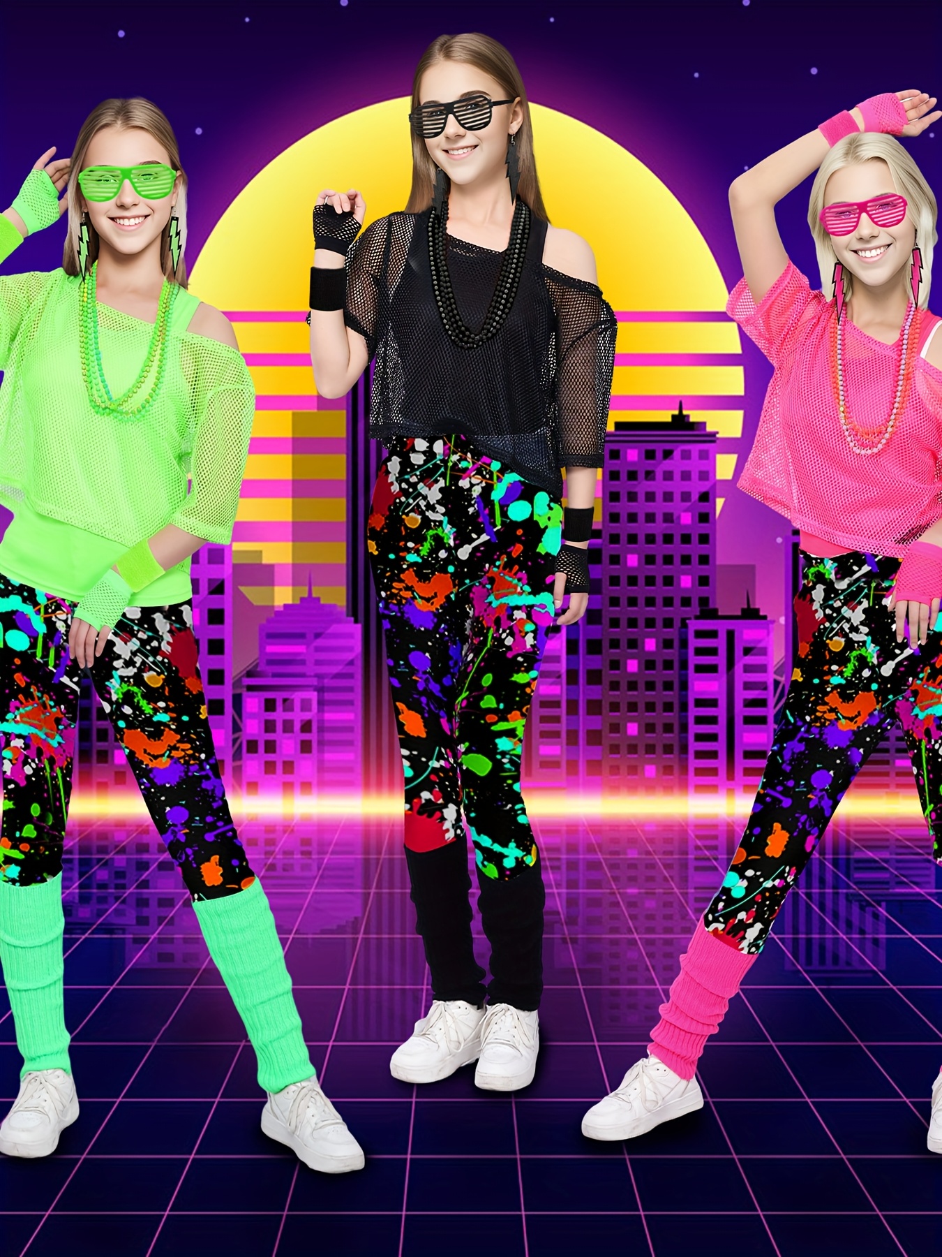 90s 80s Women'S Costume, Aerobic 80s Women'S Outfit, Featuring a Mesh Shirt, a Classic Off-Shoulder Mesh Shirt, 80s Women'S Carnival Attire, Neon 80s Accessories, And Themed Party Wear.