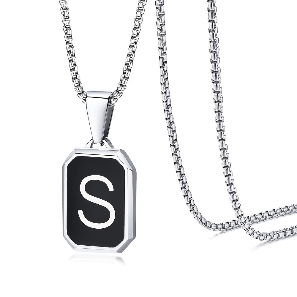 TEMU 1pc Unisex Initial Necklace, A-z Letter Pendant Necklace, Black/silvery Square Men's 201 Stainless Steel Letter Charm Gift Jewelry, 24-inch Box