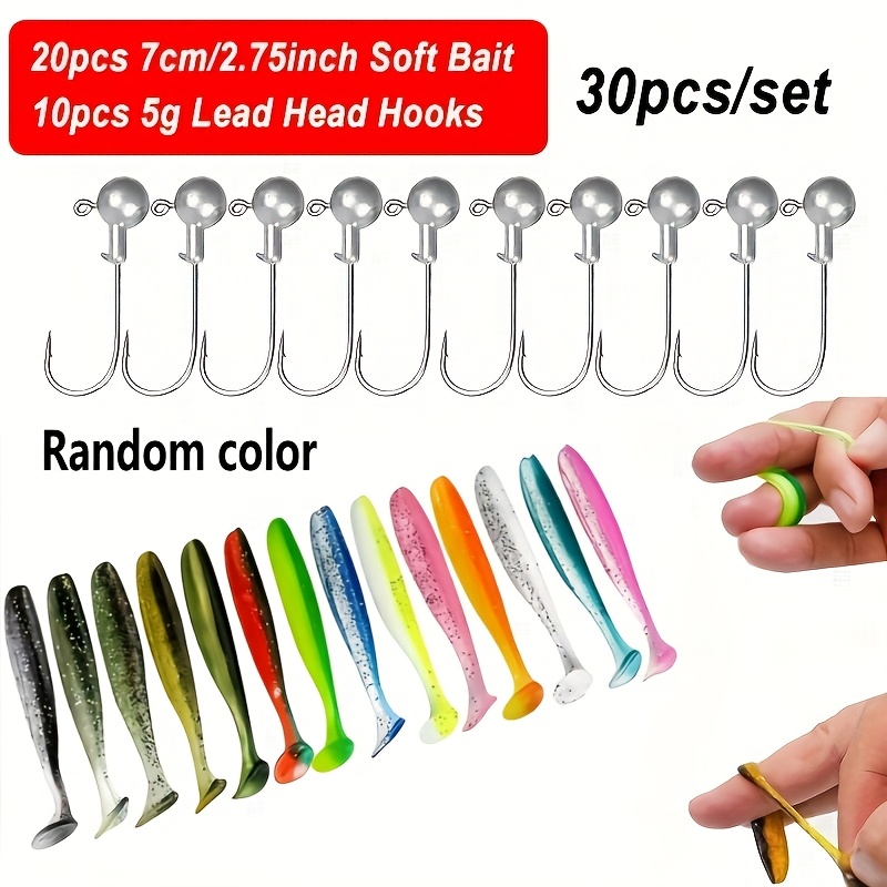 Image of 30pcs T-tail Soft Bait With Lead Head Hook Set - 20pcs T-tail Soft Baits (random Colors) And 10pcs Lead Head Hooks, , Carp, Trout Lure Soft Worm Fishing Kit