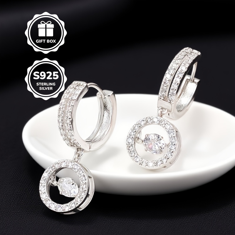 s925 silvery plated sticker earrings   dancing cubic synthetic zirconia pendant earrings ladies shiny circular   cz pendant earrings clear fashionable jewelry daughters mothers birthday party gift Product details 4