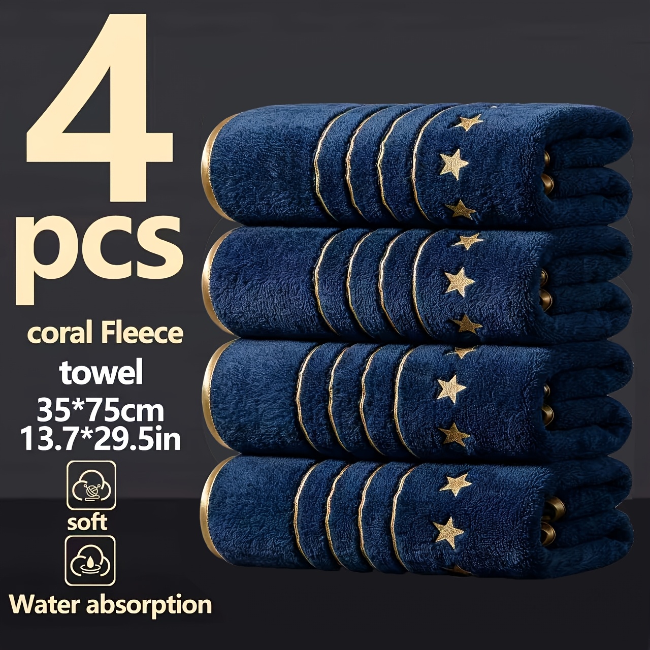 TEMU 4pcs Golden Striped Towel Set, 35*75cm/13.78*29.53in, Quick-drying, Fast-absorbing, Lightweight And Durable, Soft And Skin-friendly - Suitable