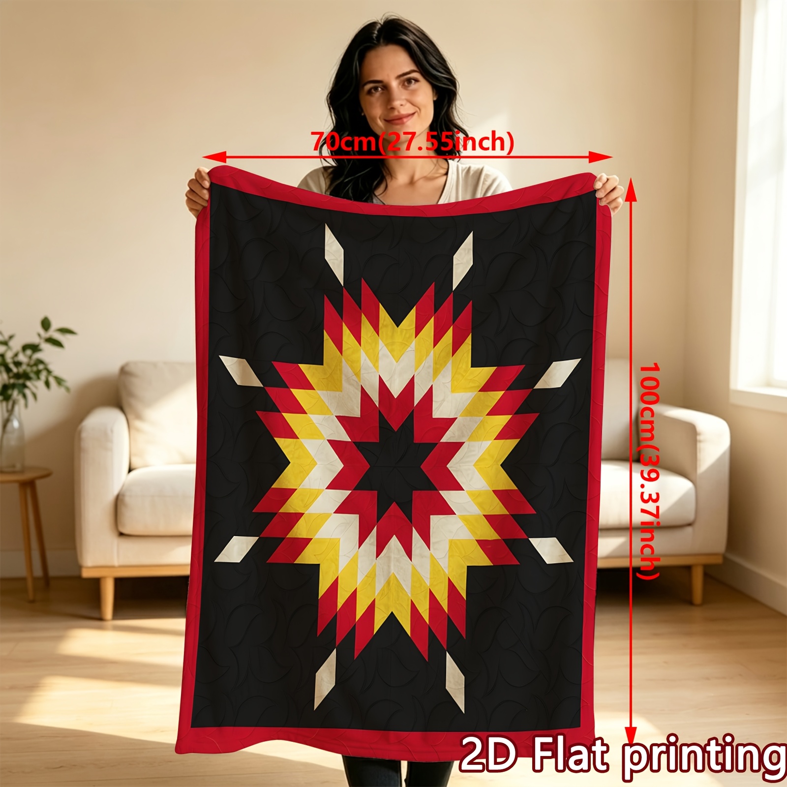 TEMU 2d Flat Printed 1pc Star Quilt Pattern , Themed Flannel Blanket, Soft And Comfortable, Suitable For Home, Office, Travel, Picnics, For Products,