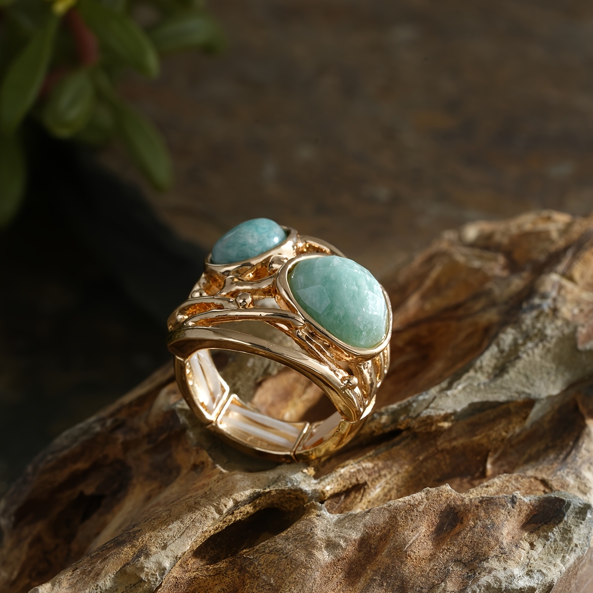Boho Simple Geometric Natural Stone Amazonite Ring, Adjustable