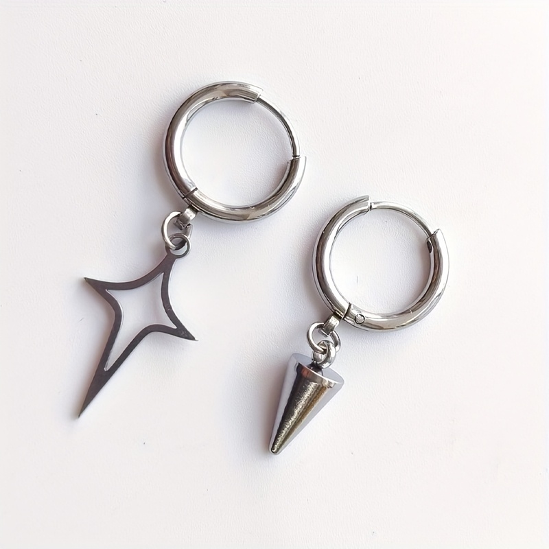 TEMU Un par de pendientes asimétricos de acero inoxidable con colgante de estrella con punta, aretes hipoalergénicos
