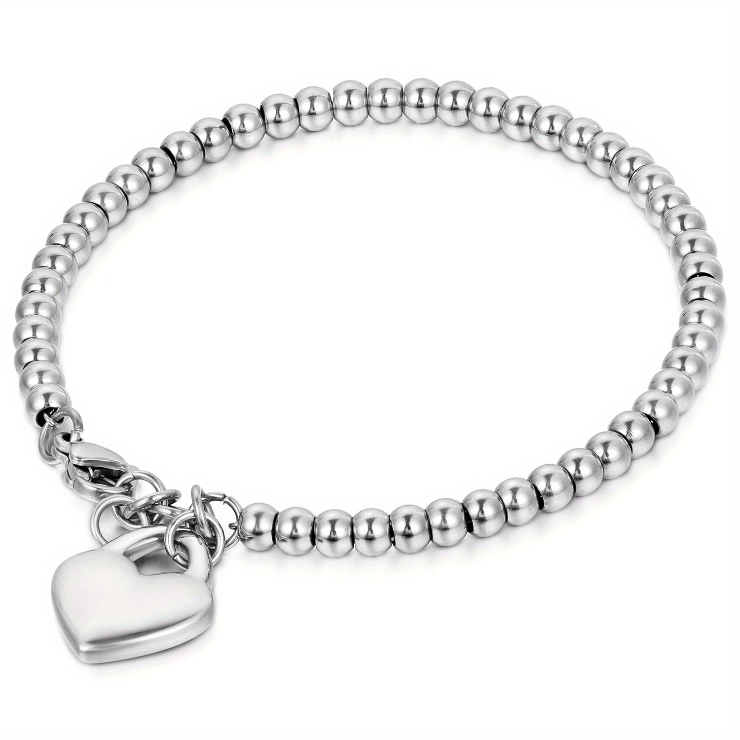 Image of Silvery Exquisite Minimalist Smooth Round Bead Heart Pendant Stainless Steel Women's Adjustable Bracelet, Women's Jewelry Gift, Mother's Day Gift